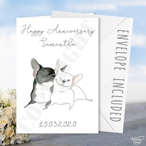 Biglietto di auguri personalizzato per anniversario di matrimonio con bulldog francesi, bulldog francesi, amore, marito, moglie, fidanzato, fidanzata, coppia, divertente