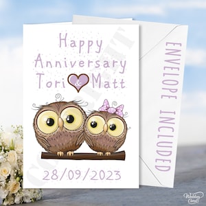 Personalizzato Buon Anniversario Gufi Uccelli Coppia Amore Fidanzato Fidanzata Marito Moglie Regalo Presente Gufo Uccello Cuori Mamma Papà Mamma Mam Card
