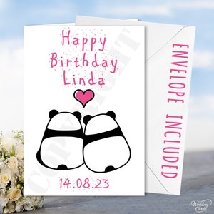 Tarjeta linda personalizada con texto en inglés "Feliz cumpleaños, hijo, hija, nieto, amor, panda, pandas, aniversario, esposo, esposa, nieta, pareja"