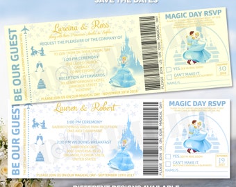 Personalised Wedding Invitation Themed Design Castle Magic Perforated RSVP Invite Save the Date Ticket Thank you card Money Wish Flight Pass