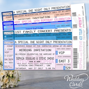 Invitación de boda personalizada Diseño temático de concierto Cumpleaños Guardar la fecha Favor Lugar Exhibición Recuerdo Invitación Entrada Tarjeta