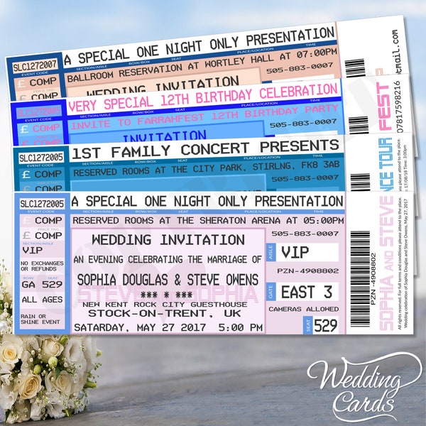 Personalised Wedding Invitation Concert Themed Design Birthday Save the date Favour Venue Place Display Memory Invite Ticket Card