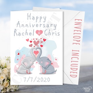 Tarjeta personalizada de feliz aniversario, cumpleaños, elefantes, esposo, esposa, pareja, abuelos, novio, novia, regalo, mamá, papá