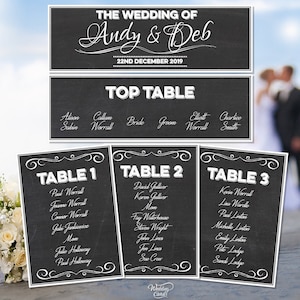1 x Cartão de lugar de mesa personalizado para o plano de casamento Ordem do dia Nosso serviço de casamento Nome Cabeçalho da mesa Cabeçalho do quadro-negro Nomes Cartões