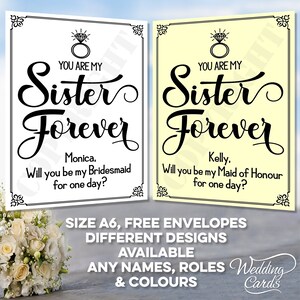 FUNNY Du bist meine Schwester für immer Personalisierte Will you be my Bridesmaid Trauzeugin Blumenmädchen Häuptling Matrone für einen Tag Einladen Karte A6