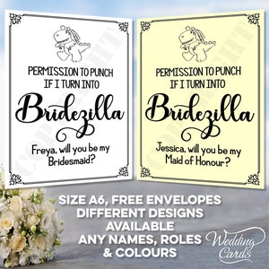 GRAPPIG Toestemming om te ponsen Als ik in Bridezilla gepersonaliseerde bruiloft verander, ben jij dan mijn bruidsmeisje Bruidsmeisje Hoofdverwante erekaart A6