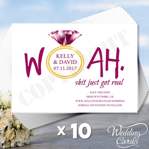 10 x Personalised Shit Just Got Real Wedding Invitations Invites Reception Ceremony Cocktail Engagement Day Evening Cards Save the Dates A6