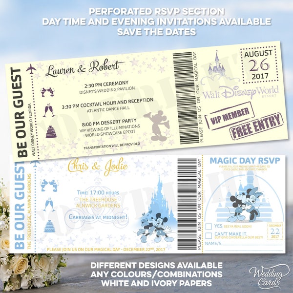 Personalised Wedding Invitation Themed Design Castle Magic Save the Date Invite Perforated Ticket Money Wish Thank you cards Boarding Pass