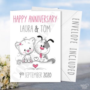 Tarjeta personalizada con dibujos de feliz aniversario, gato, perro, marido, esposa, novio, novia, mejores amigos, dibujos animados, garabatos, corazón, amor, lindos bocetos