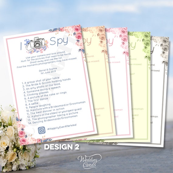 Details about / 2 x Wedding I Spy Game Photo challenge Kid Little eye Personalised Picture Cards