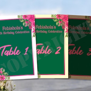 Gepersonaliseerde bruiloft verjaardagsfeestje tafelblad nummers namen decoratie bijpassende restaurant locatie bloemen wit ivoor kraft decor kaarten A6