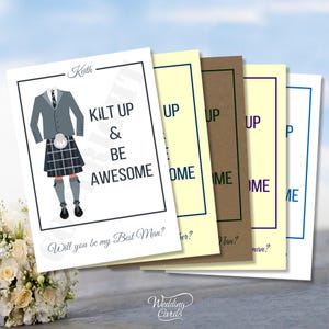 Kilt personalizzato su e sii fantastico Vuoi essere il mio testimone di nozze Groomsman Usher Portatore di fedi Paggetto Vestito Bianco Avorio Kraft Divertenti biglietti per feste A6