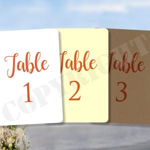 Puede incluir: Tres tarjetas de número de mesa con las palabras "Mesa" y los números 1, 2 y 3. Las tarjetas son blancas, amarillas y marrones.
