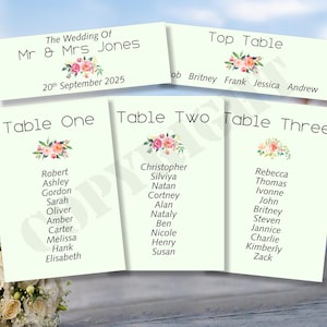 1 x Cartão de assento de mesa personalizado para cerimônia de casamento Plano Ordem do dia Nosso serviço Nome Nomes Quadro Flores Cartões Cartão postal A5
