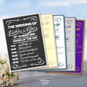 10 x Orden del día Plan de servicio de boda Horario Nuestro planificador Decoración de mesas Lista de programas de invitados Información Letrero de ceremonia Tarjeta de papel A4