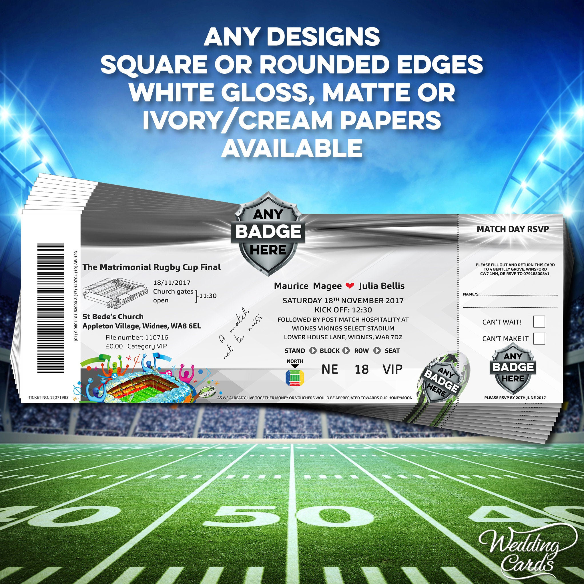 Personalised Wedding or Birthday Rugby Football Themed Invitation Any Design Team Save the Date Invite with RSVP Tournament League Ticket