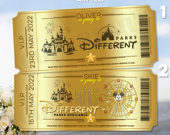 Personalised Gold Golden Paris California Tokyo Trip Surprise Card Voucher Coupon Ticket Billet Birthday Reveal Gift Present Invitation