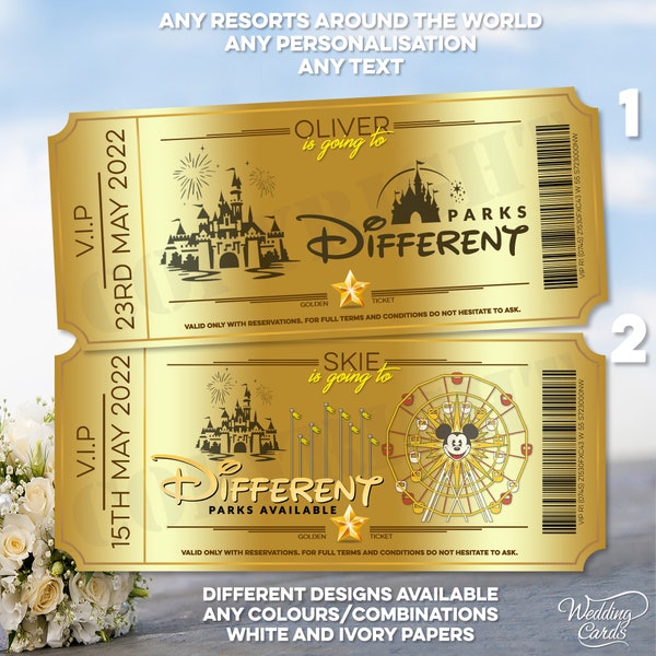 Personalizado Oro Dorado París California Tokio Viaje Tarjeta Sorpresa Cupón Cupón Boleto Billete Cumpleaños Revelar Regalo Invitación Presente