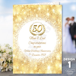 Tarjeta de felicitación personalizada para mamá y papá, tamaño A6, con diseño de oro, plata, 50, 25 y rubí, con brillantes y brillantes, para aniversario de bodas, para mamá y papá