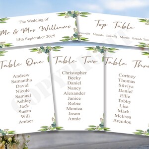 1 x Cartão de assento de mesa personalizado para o plano de casamento Ordem do dia Nosso serviço Nome Nomes Flores Cartões Cartão postal Kraft marfim A5