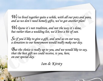 Personalized Wedding Wish Poem Cards: Honeymoon Gift Inserts (A7)