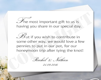 10 x Personalized Wedding Wish Cards: Honeymoon Fund Poem (A7)