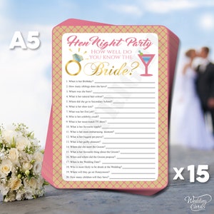 15 x Preguntas del juego de predicción ¿Qué tan bien conoces a la novia y al novio? Desafío de boda Adivina el invitado Juego de actividades de mesa para despedida de soltera Tarjetas A5