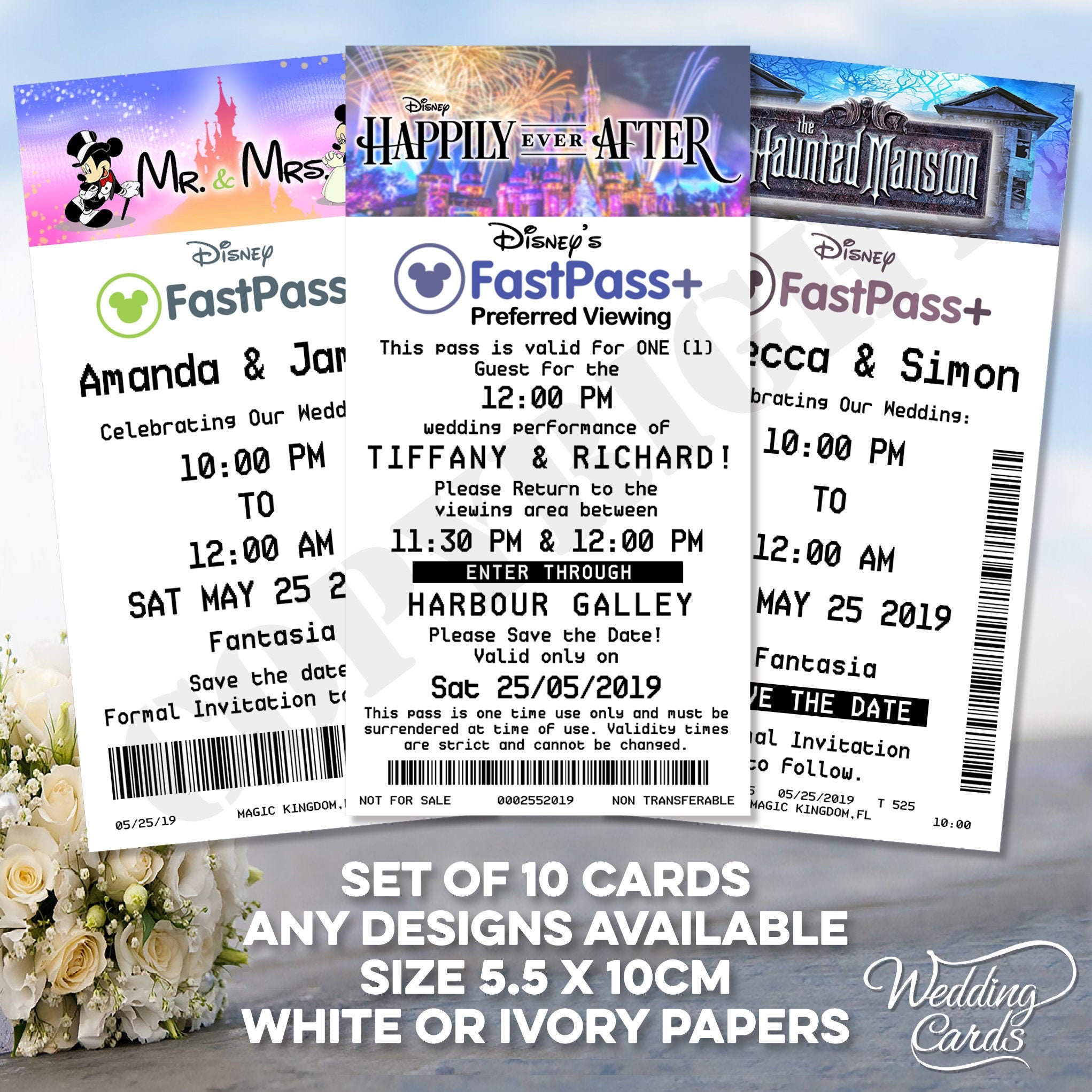 Personalised Wedding or Birthday Invitations Save the Dates Set of 10 Themed Passes tickets Invites Magic Castle Any Rides Coupon Voucher