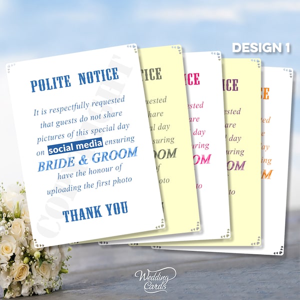 Polite Notice Guests are requested not to share pictures on social media Bride Groom to upload first Wedding Place Table Card Sign A4