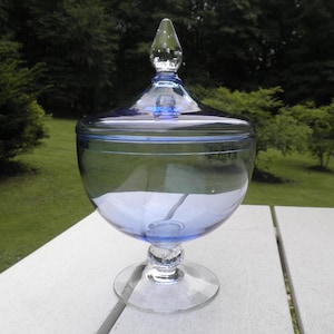 May include: A clear glass candy dish with a blue tint, featuring a lid and a pedestal base. The dish has a rounded bowl shape and a pointed finial on the lid. The base is round and clear, and the dish is sitting on a white surface.