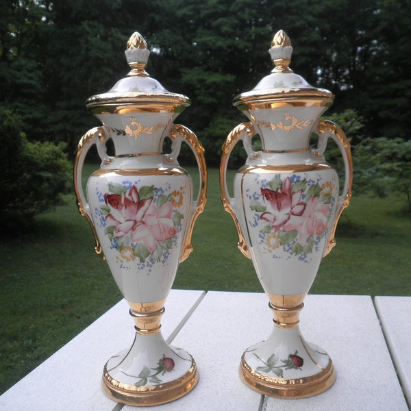 MCM Hand Painted Lidded 15" Garniture Urns With Roses & Gilt Trim