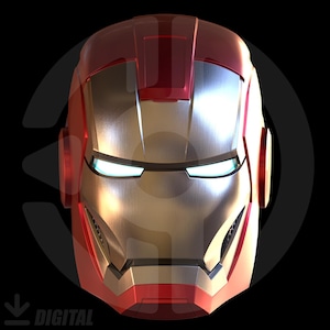 May include: A red and gold Iron Man helmet with glowing blue eyes. The helmet has a metallic finish and is set against a black background. The design is a close-up of the superhero's iconic mask.