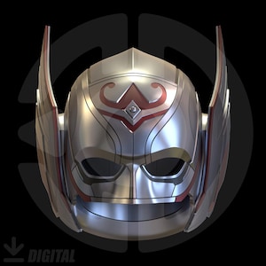 May include: A silver helmet with red accents, featuring a stylized design. The helmet has a visor area and side wings, with a decorative emblem on the forehead. The overall design suggests a futuristic or fantasy theme.