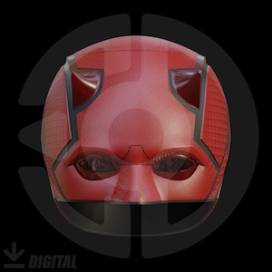 May include: A red superhero mask with a textured surface and dark accents. The mask features eye openings with dark lenses and distinctive horn-like protrusions on the top. The design is set against a black background.