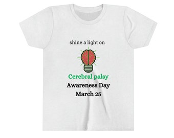 May include: White t-shirt with a green and red lightbulb graphic with a brain inside. The text "shine a light on Cerebral palsy Awareness Day March 25" is printed on the shirt.
