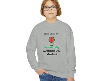 May include: A gray sweatshirt with a light green and red lightbulb graphic that says "shine a light on Cerebral Palsy Awareness Day March 25".