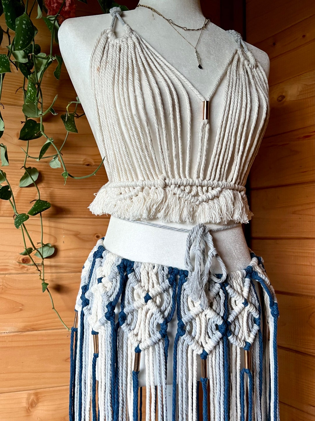 Blue & White Macrame Outfit, Macrame Shirt, Macrame Skirt, Handmade