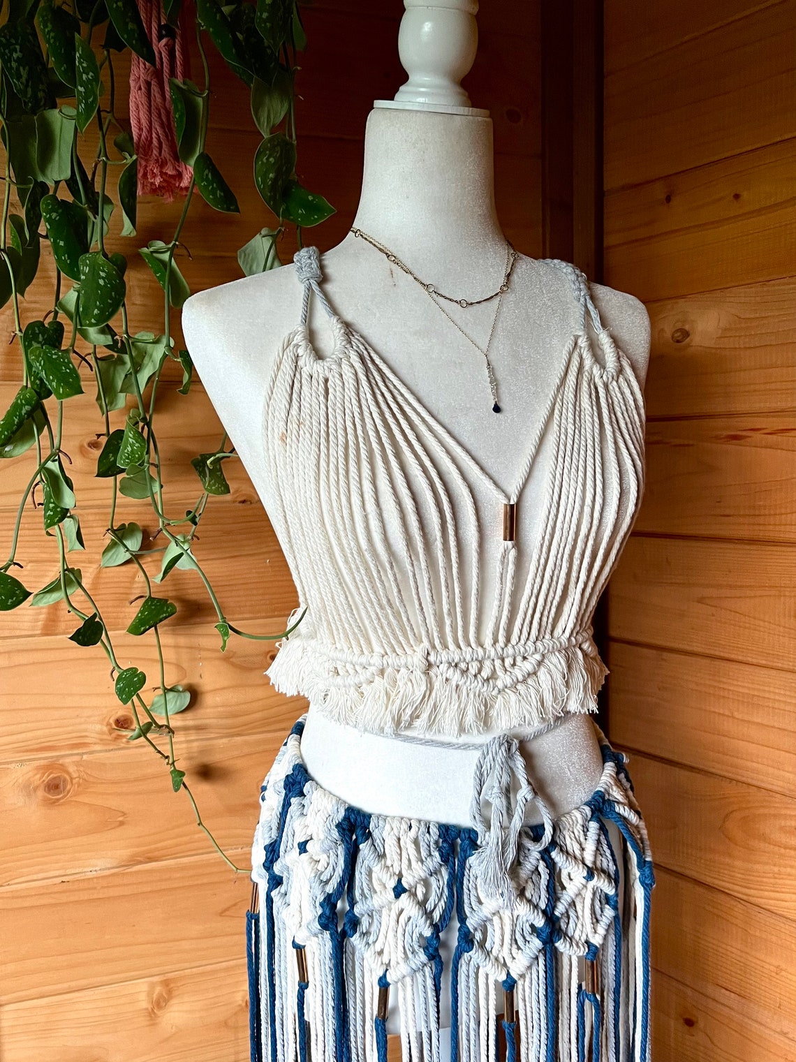 Blue & White Macrame Outfit, Macrame Shirt, Macrame Skirt, Handmade