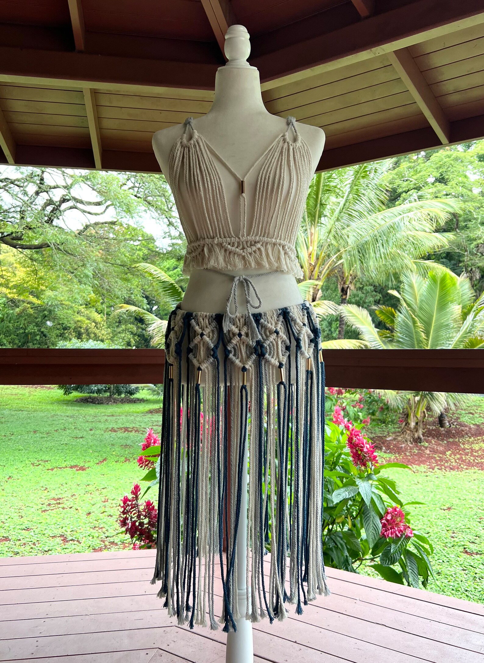 Blue & White Macrame Outfit Macrame Shirt Macrame Skirt Etsy