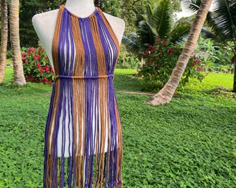 Brown & Plum Macrame Halter Dress, Macrame Cover