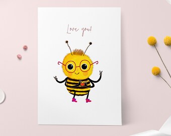 I Love you Card - Personalised Bee Love Card - Valentines Day gift - Love Card for Wife - Card for Boyfriend - Bee Illustration
