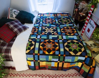 Bright patchwork quilt Modern geometric handmade cotton quilt  Patchwork blanket Unisex gift Room decor