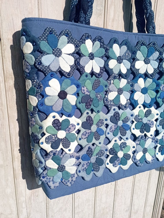QUILTED ART BAG, Artistic Tote Bag, Handmade Beaded Bag, One Of A Kind Handmade Japanese Style Denim Friendly Bag, Patchwork Cotton Bag