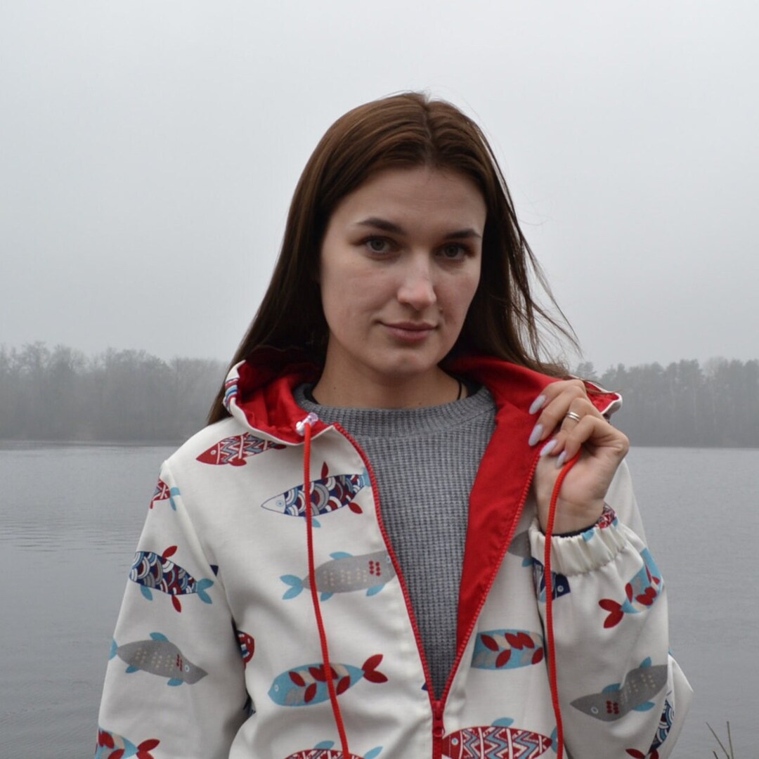 Spring/summer Jacket With Red Sea Fish Print, Jacket Hoodie, Cotton