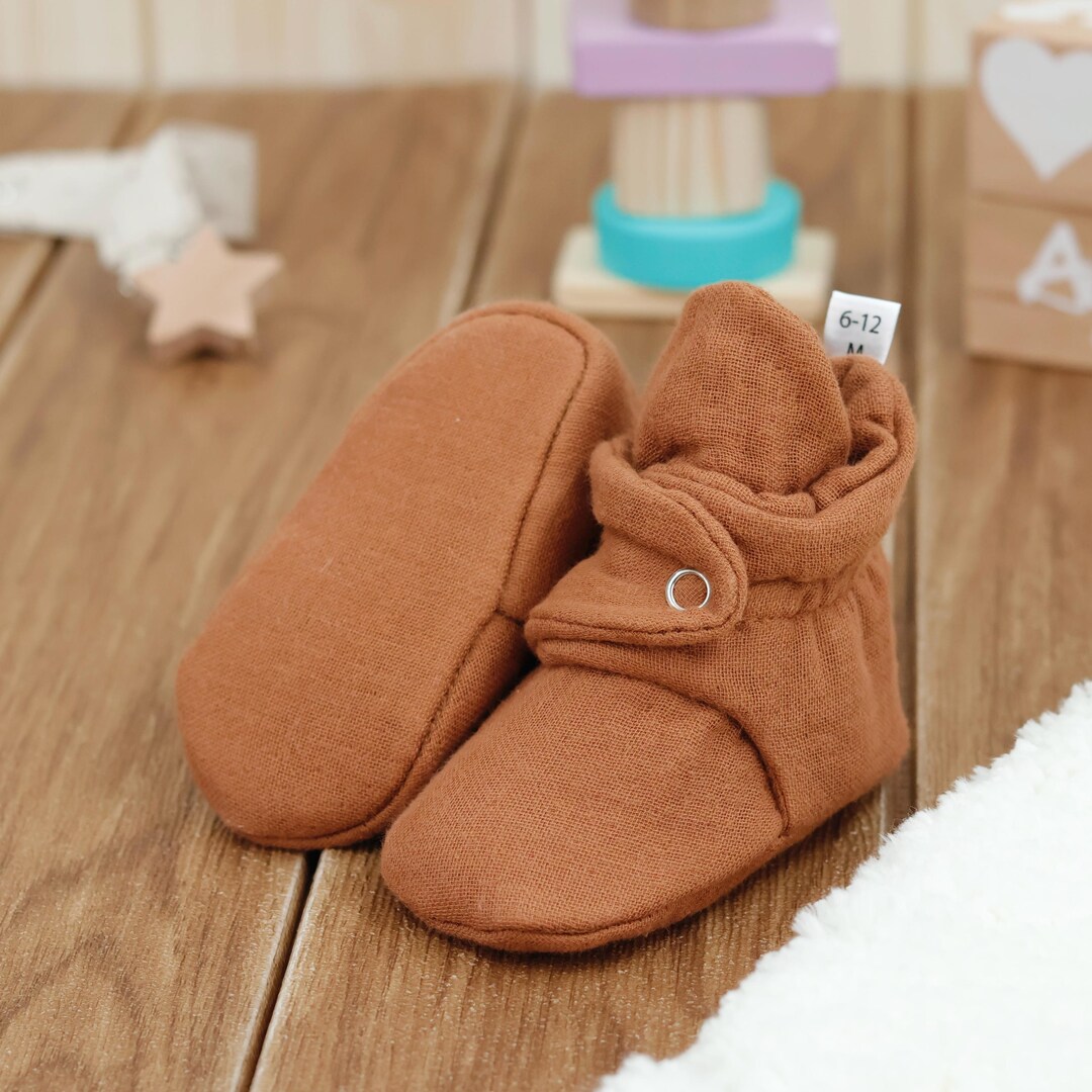 Muslin Baby Booties: Walnut Soft Sole Crib Shoes