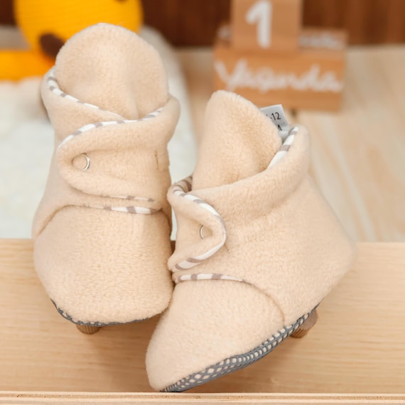 Beige Fleece Baby Booties: Organic Cotton Lined, Non-Slip Soft Sole