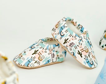 Cotton Baby Booties: Llama Print, Non-Slip Organic Mocs