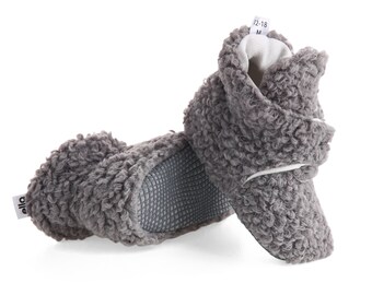 Gray Teddy Baby Booties, Stay On Organic Winter Baby Boots, Non Slip Baby Slippers, Newborn Shoes, Baby Girl, Baby Boy Shower Gift