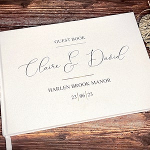 Personalised Wedding Bride & Groom White Linen Modern Guest Book, Unique Wedding Guestbook