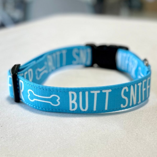 Butt Sniffer- Blue Dog Collar- Martingale- Quick Release- No Buckle Slide- Leash- Handmade Dog Collars